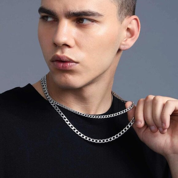 Cuban Link Necklace for Men, Silver/Black/Gold Plated Stainless Steel Mens Chain - Picture 3 of 6